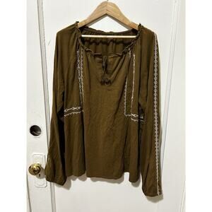 Garnet Hill Brown Boho Tie Top With Embroidery Detail |‎ L